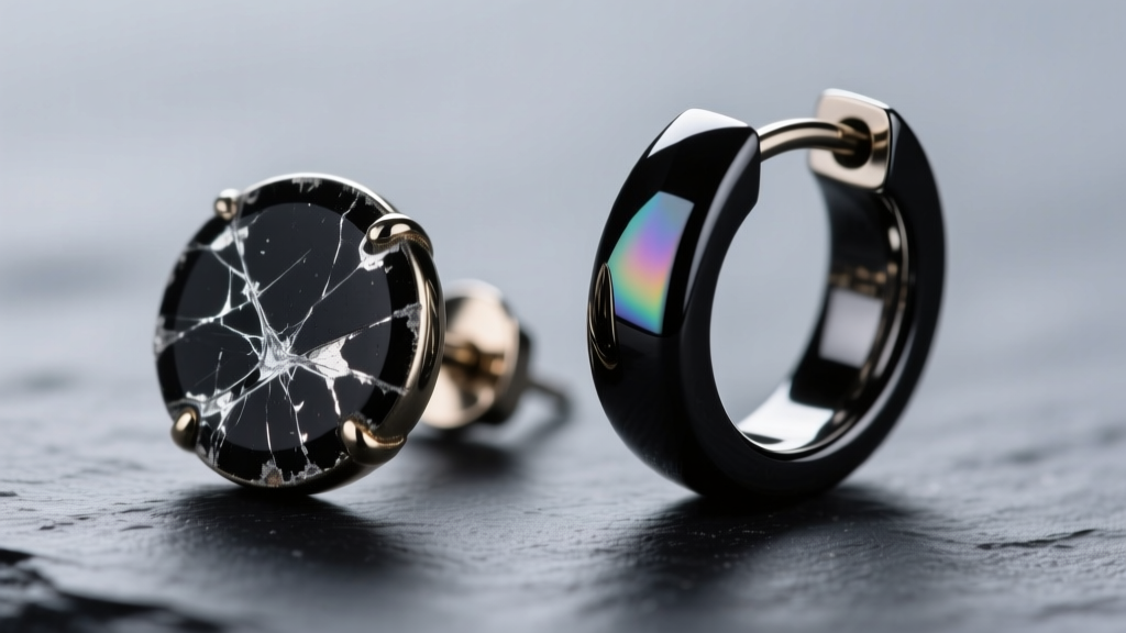 Macro photo comparing a scratched black electroplated steel earring next to a flawless DLC titanium hoop on a dark slate surface