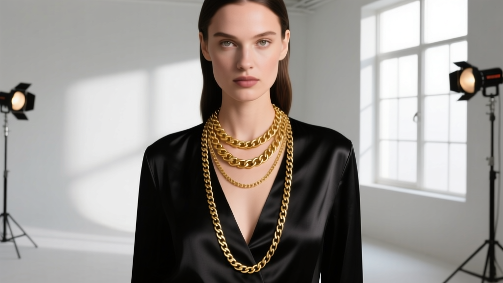 Model wearing a layered 18-inch and 22-inch gold chain necklace over a deep black silk V-neck blouse, soft studio lighting setup
