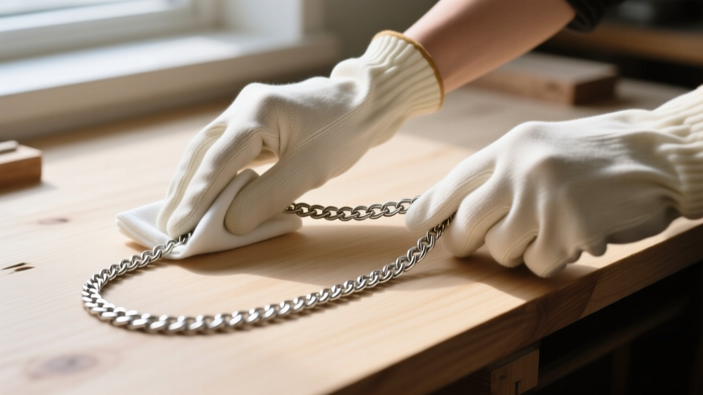 Hands in cotton gloves wiping a delicate silver herringbone chain with a microfiber cloth on a clean wooden workbench.