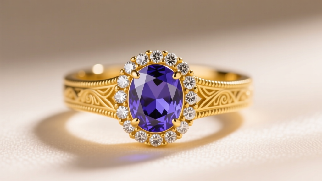 Macro shot of a 14k yellow gold ring featuring a 2-carat oval tanzanite center stone flanked by diamond accents, softly studio lit
