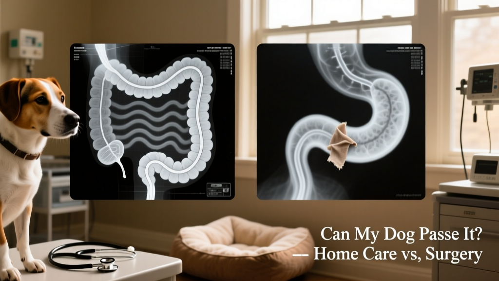 Side-by-side X-ray images: one showing normal intestinal transit, another highlighting a subtle foreign body in the small intestine