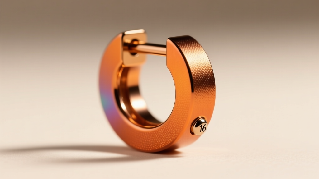Macro view of a 16-gauge anodized titanium burnt orange flat back cartilage earring, highlighting vibrant metallic surface finish.