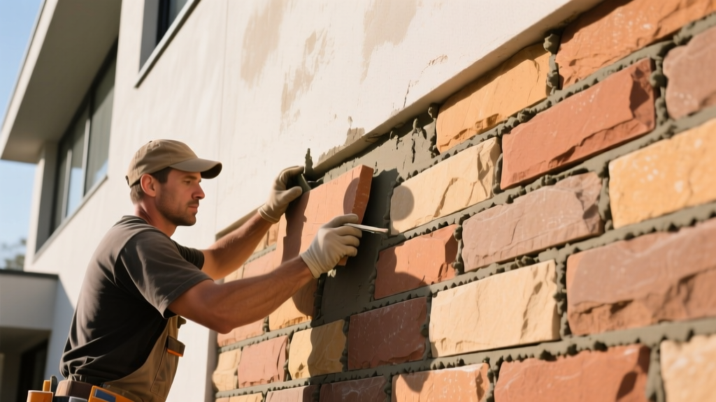 Mason carefully installing custom-blend architectural stone veneer in warm earth tones on an exterior wall with matching mortar joints