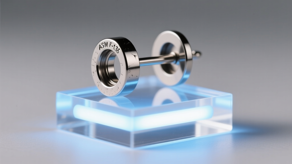 Close-up of an ASTM F-136 titanium earring post connecting to a lightweight LED acrylic base, shown under bright studio lighting.