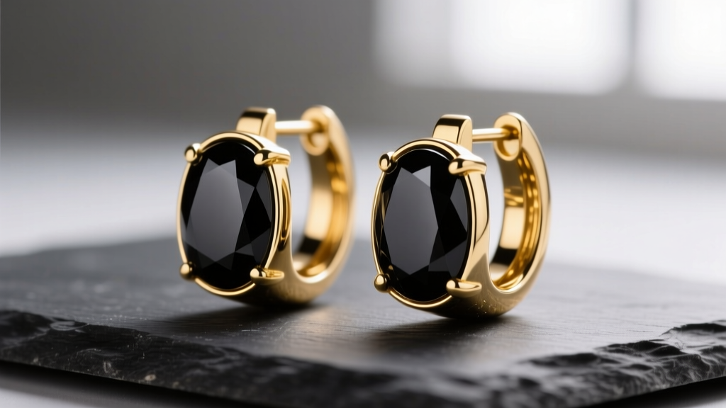 Macro shot of 14k yellow gold medium hoop earrings with bezel-set polished black onyx cabochons resting on a dark slate surface