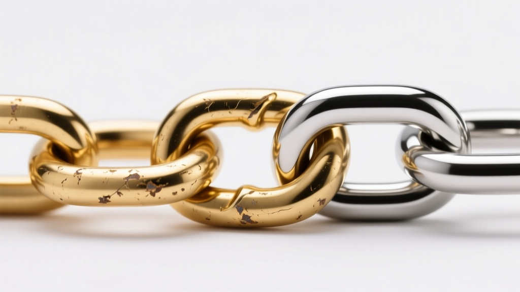 Macro shot comparing a tarnished gold vermeil chain link against a pristine PVD stainless steel link under bright studio lighting