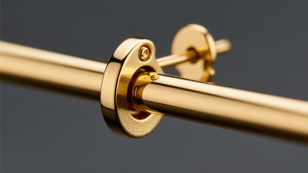 Macro shot of a 20-gauge 14k gold dangle bar earring hinge, highlighting the tension joint against a dark slate background.