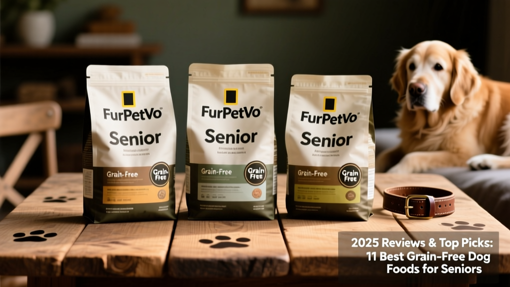 Side-by-side comparison of three grain-free senior dog food bags labeled FurPetVo, with visible 'Senior' and 'Grain-Free' badges