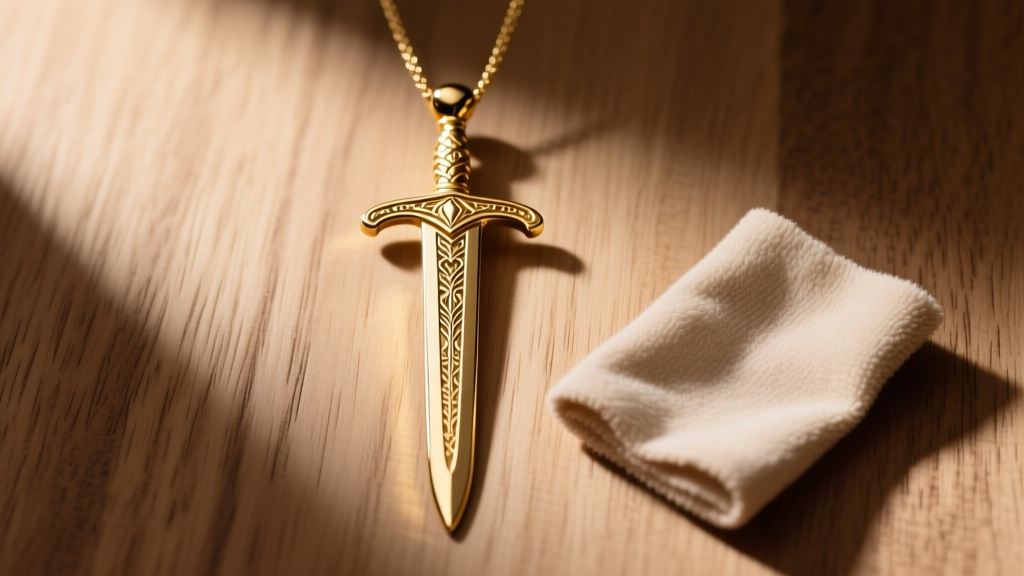 Flat lay of a brass greatsword necklace pendant next to a microfiber polishing cloth, shot in warm studio lighting on wood.