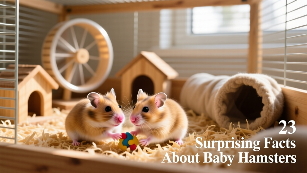 Two young Syrian hamster siblings playing gently in a spacious cage with bedding, toys, and a large exercise wheel