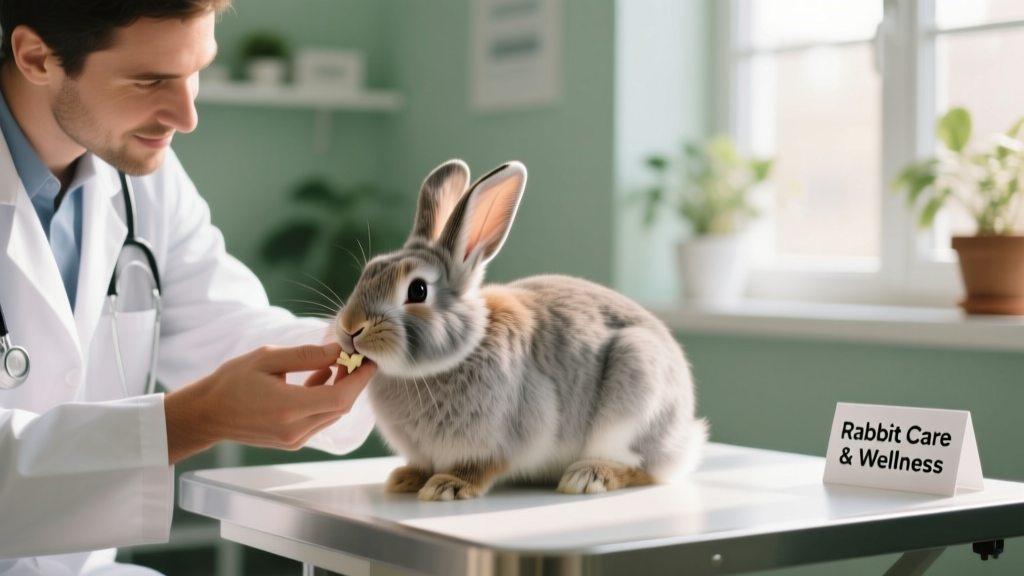 Veterinarian gently examining a rabbit’s teeth and ears during a routine checkup
