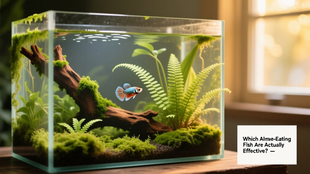 A clean, well-planted freshwater aquarium with visible algae growth on glass and driftwood