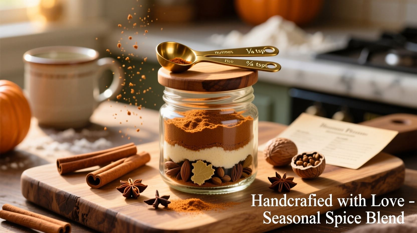 Homemade pumpkin pie spice mix in glass jar with measuring spoons