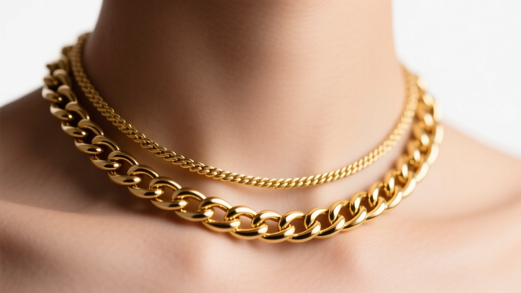 Macro shot of a 4mm 14k gold Cuban link layered with a 1.5mm rope chain on a collarbone under soft, warm studio lighting.