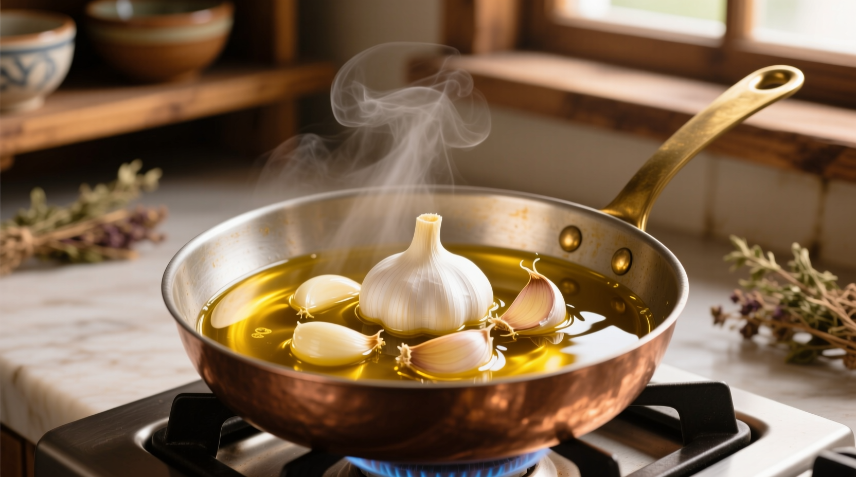 Golden garlic cloves submerged in oil in small saucepan