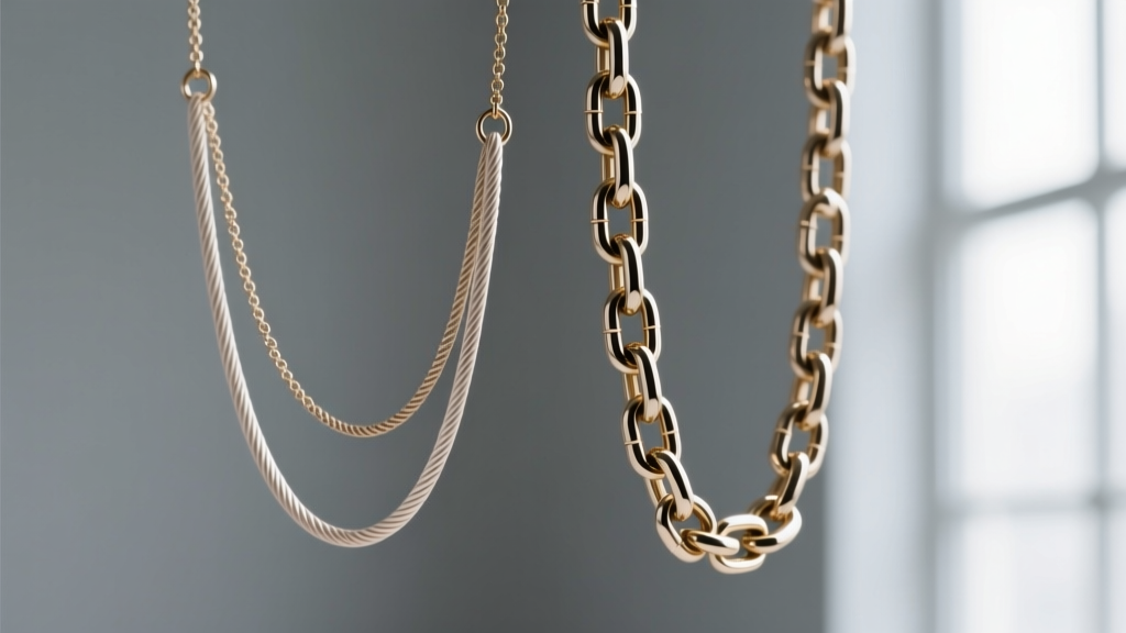 Macro shot comparing a delicate 0.8mm cable chain and a thick 3.0mm Cuban link, both 20 inches, showing drape differences.
