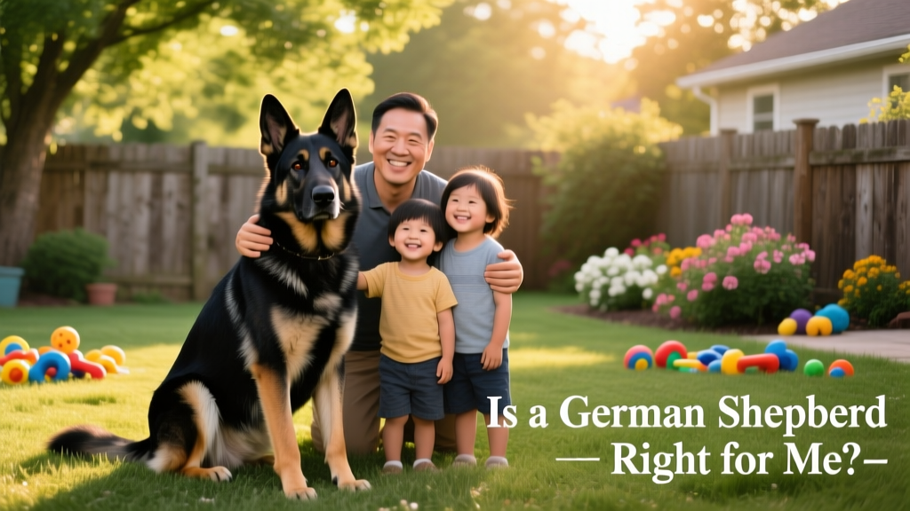A confident, well-groomed German Shepherd sitting attentively beside a smiling family in a sunlit backyard