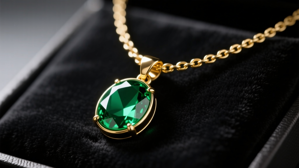 Close-up of an OSRS Games necklace replica with a gold-plated chain and green emerald cabochon pendant resting on dark velvet.