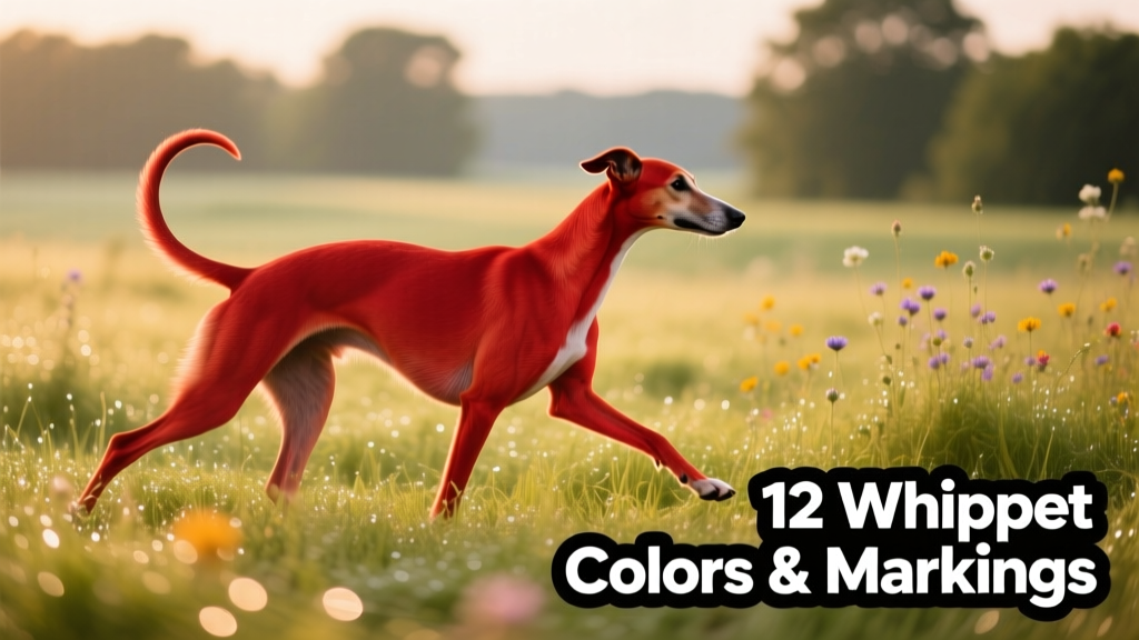 A red Whippet walking purposefully across sunlit grass, head held high and tail gently curved