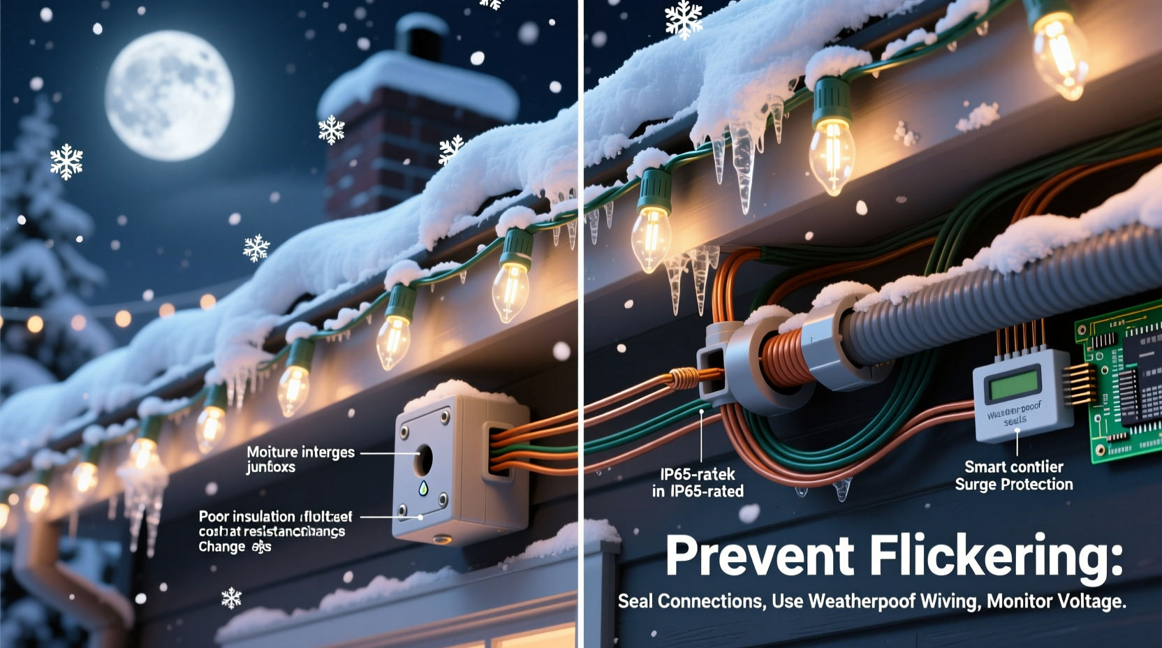 why do some christmas lights flicker under snow and how to prevent it