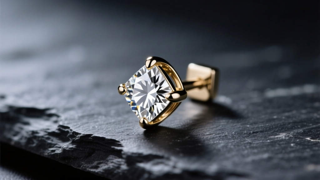 Macro shot of a 14k white gold small diamond earring stud on dark slate, lit by soft studio light to reveal crisp facet reflections.