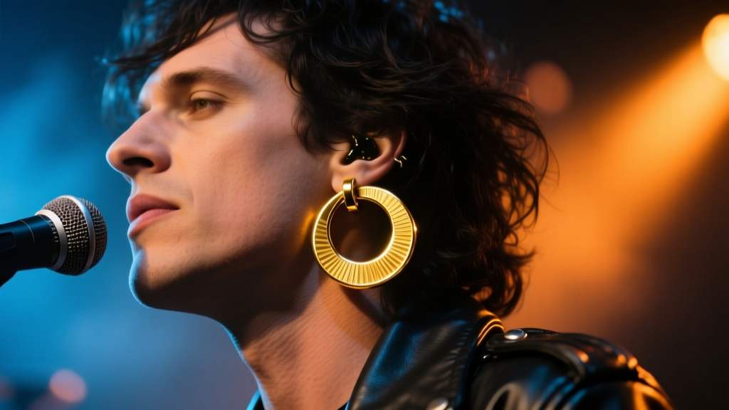 Single 14k yellow gold 40mm hoop earring on a musician, stage lighting highlighting the metal texture and edgy rock aesthetic.