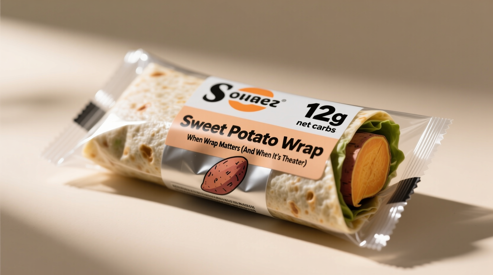 Commercial sweet potato wrap package clearly labeled with 12g net carbs per serving, demonstrating real-world portion control