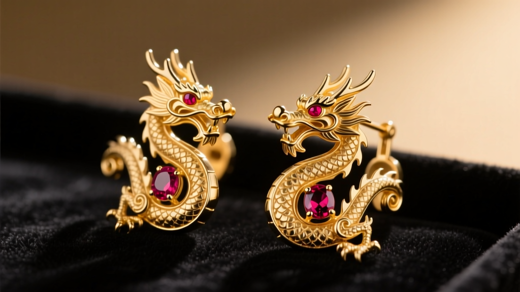 Close-up of intricate 14k gold dragon earrings with ruby eyes resting on dark velvet under warm studio lighting.