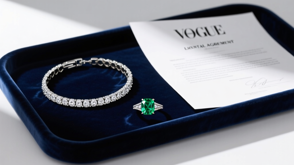 Flat lay of a rented diamond tennis bracelet and emerald ring on a velvet tray next to a luxury rental agreement document