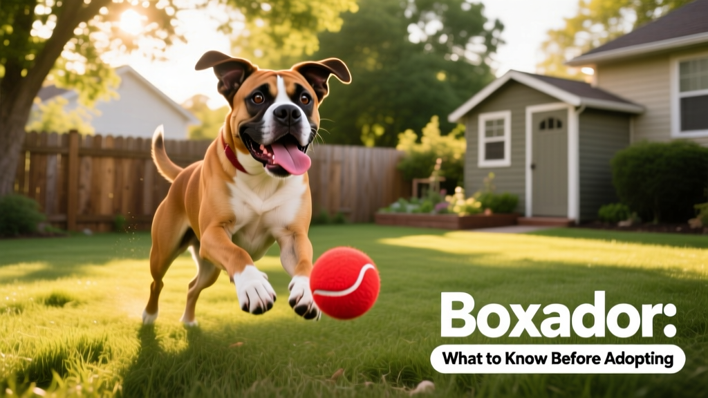 A joyful, medium-to-large Boxador playing fetch in a sunny backyard