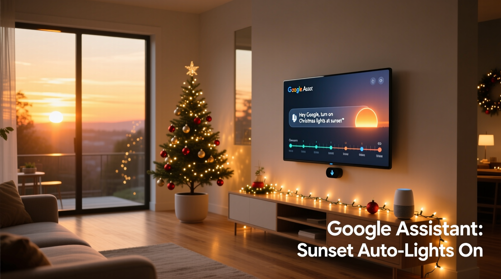 how to use google assistant to turn on christmas lights at sunset automatically