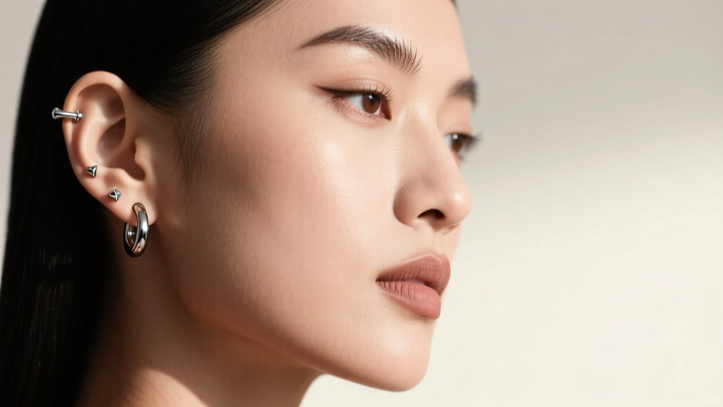 Close-up profile of a woman wearing 16-gauge titanium cartilage hoops and threadless studs against a soft minimalist background.