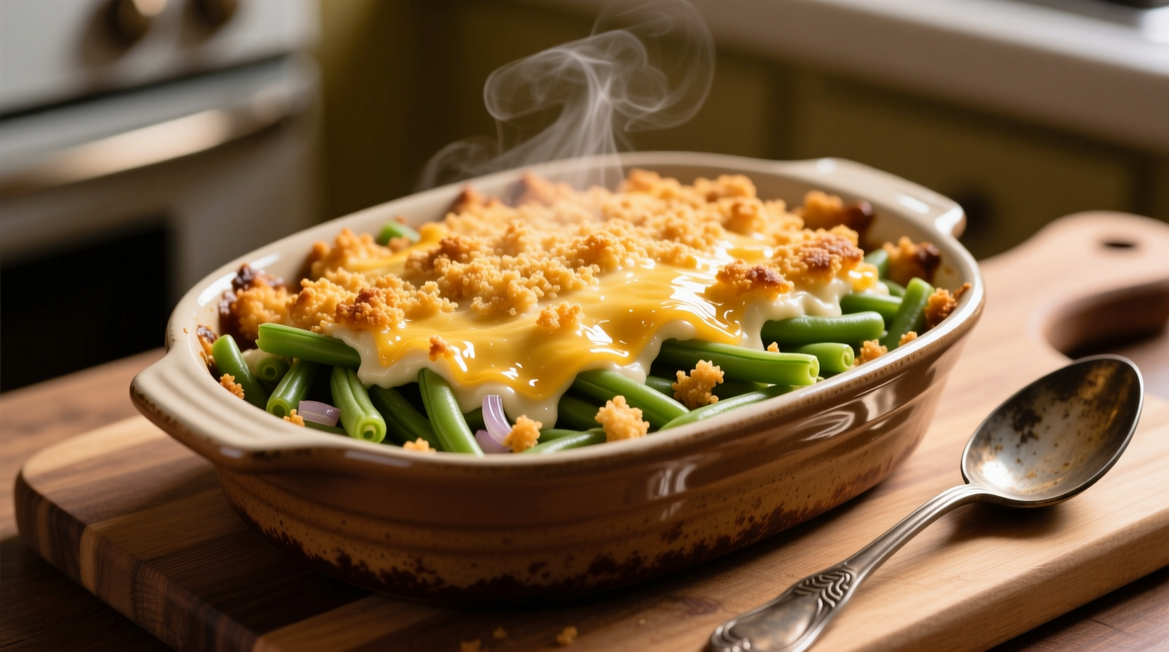 Green bean casserole in baking dish with golden topping