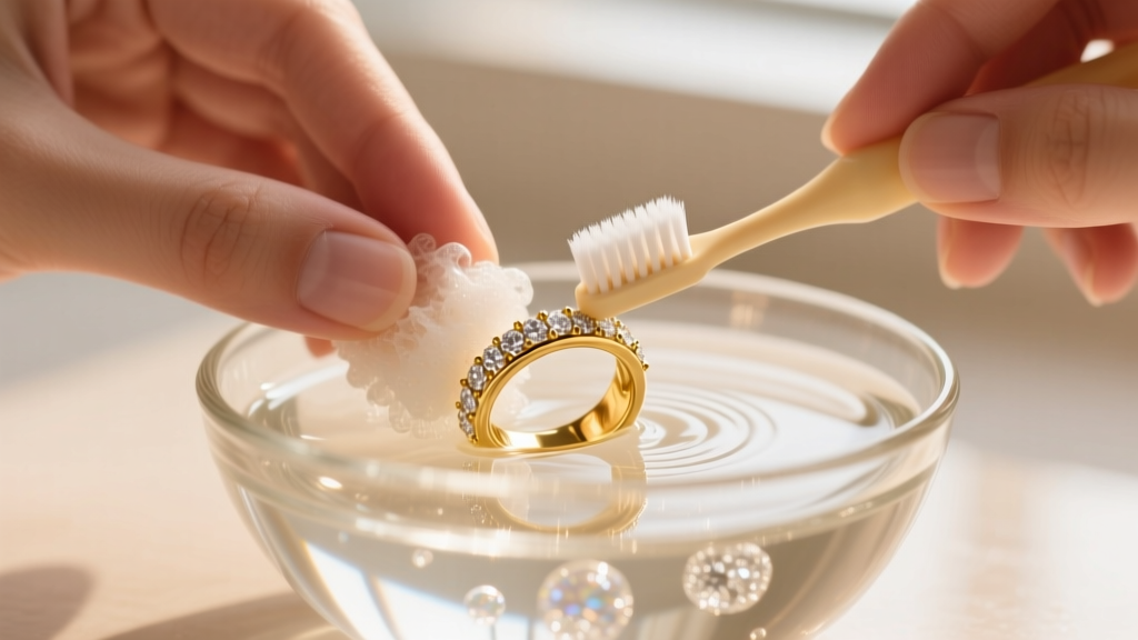 Hands gently scrubbing a gold diamond pavé band with an extra-soft baby toothbrush in a small glass bowl of warm soapy water.
