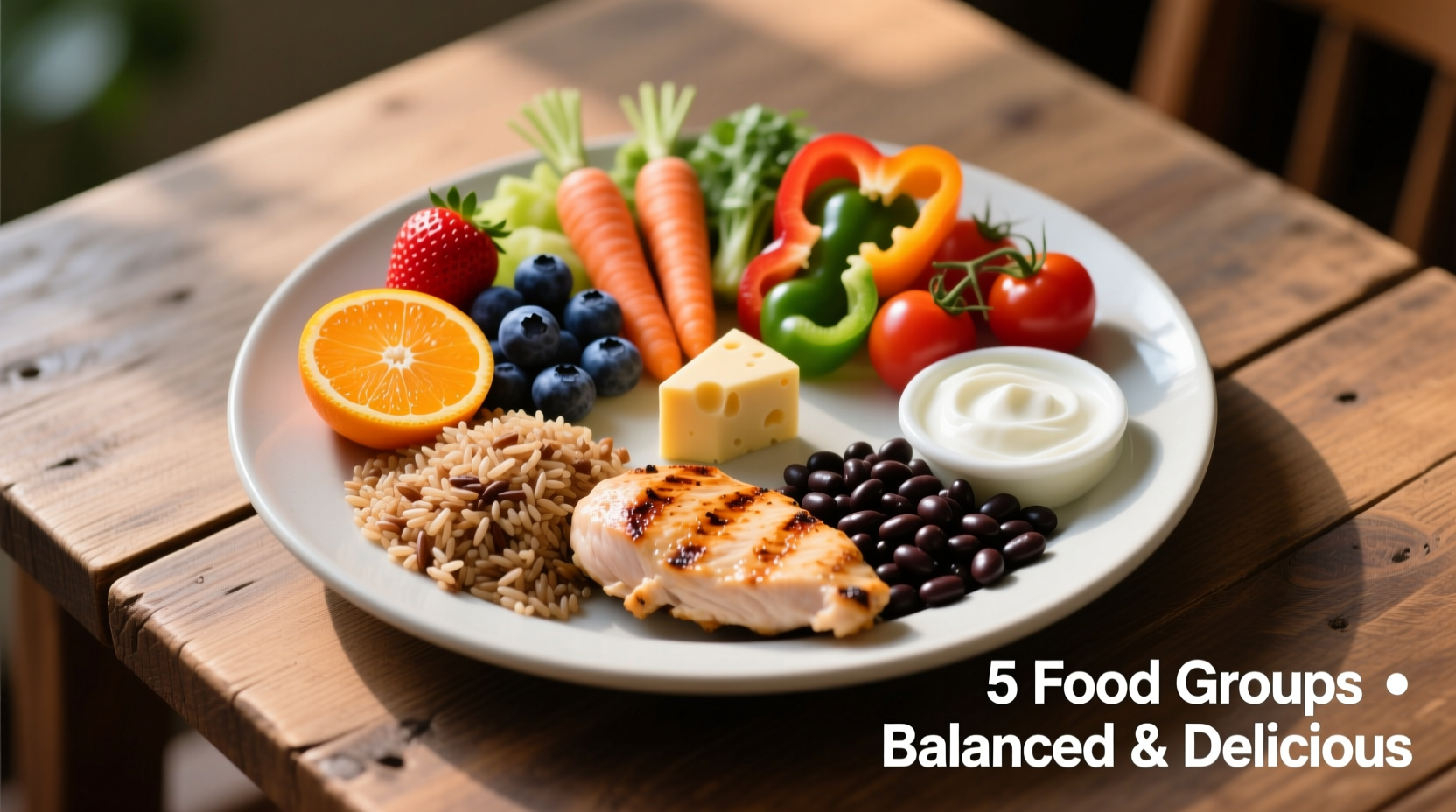 Colorful plate showing balanced portions from all five food groups