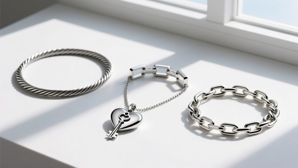 Studio flat lay of three chains holding a silver heart with key pendant, comparing cable, box, and rolo links in bright lighting