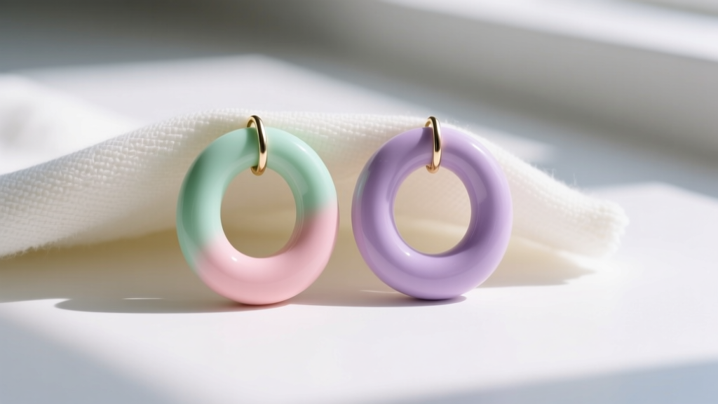 Soft microfiber cloth gently wiping a pair of sealed pastel polymer clay hoop earrings under bright natural window lighting.