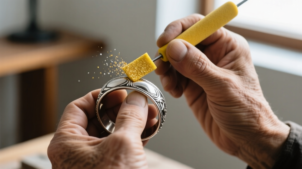 Close-up of hands polishing a vintage silver cuff bracelet with a yellow micro-abrasive jeweler's cloth against a dark wood desk.