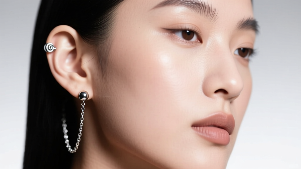 Close-up of a model wearing 2mm sterling silver ball chain earrings in a 16-gauge cartilage piercing under soft studio lighting