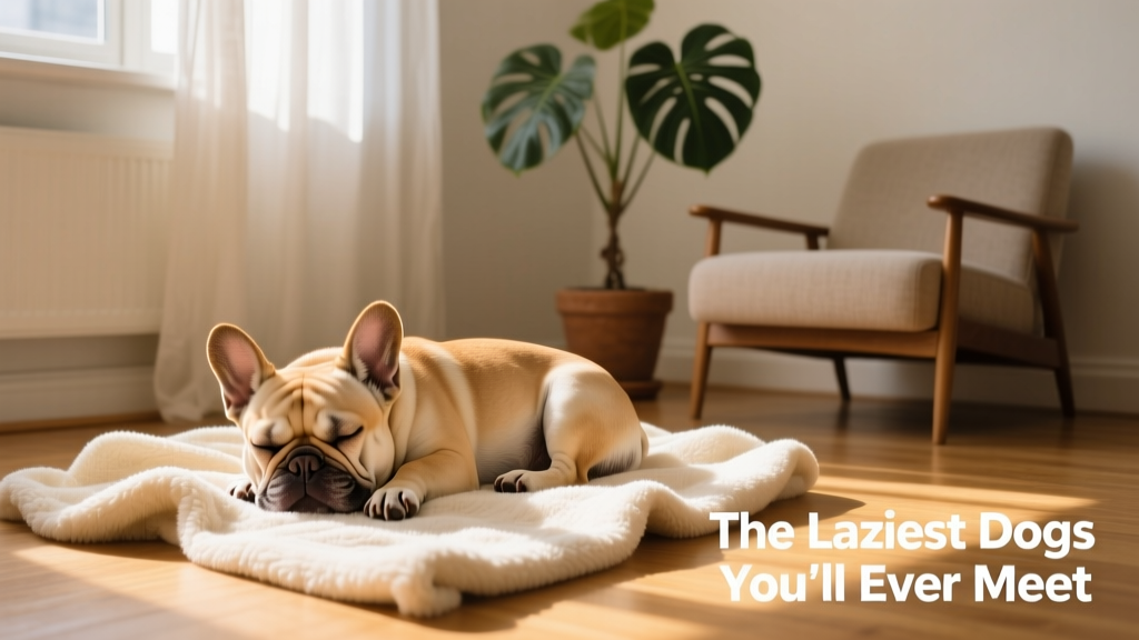 A French Bulldog sleeping soundly on a soft blanket in a sunny apartment corner