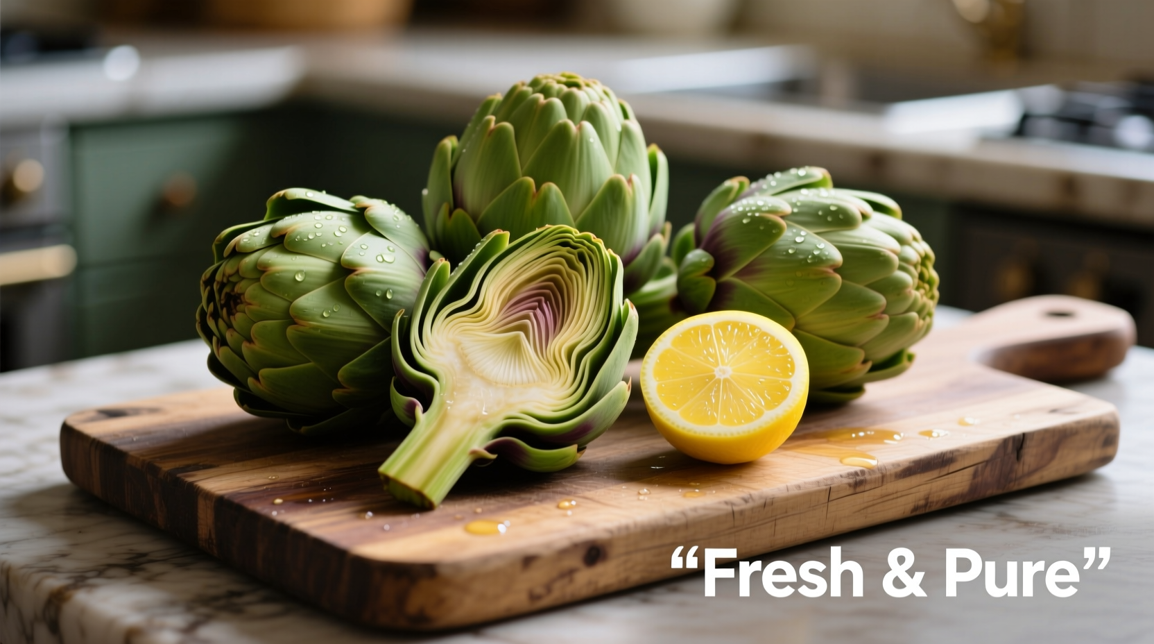 Fresh artichokes on wooden cutting board with lemon