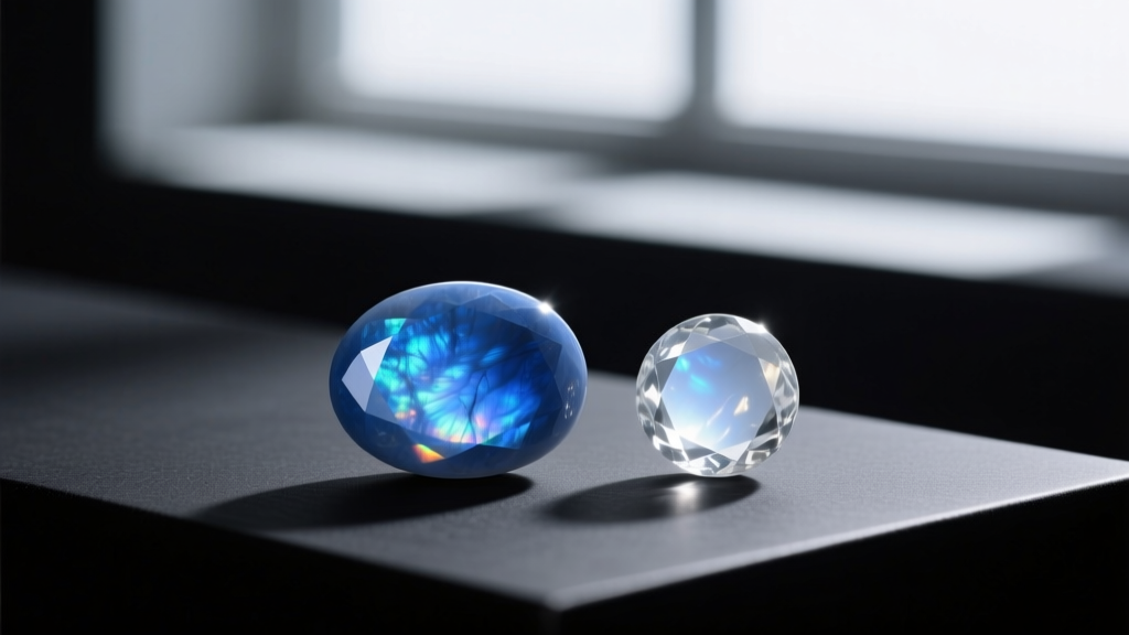 Close-up of a raw blue sheen moonstone cabochon beside an 8mm round clair d lune glass stone, comparing light scattering.