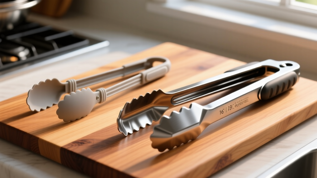 Side-by-side comparison of flimsy 9-inch indoor kitchen tongs and heavy-duty 16-inch stainless steel BBQ grill tools resting on a cedar board