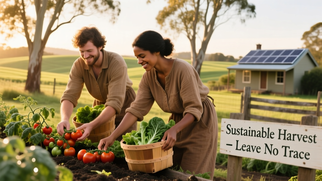Two people working side-by-side on a small organic farm, harvesting vegetables