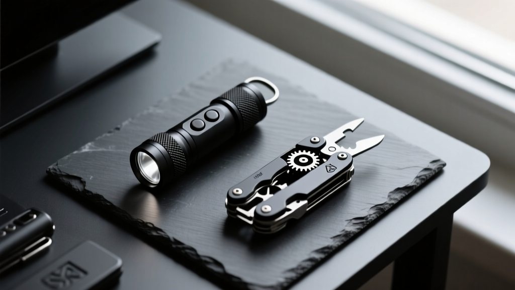 Overhead flat lay of matte black EDC gadgets including a keychain flashlight and multi-tool arranged on a dark slate desk surface