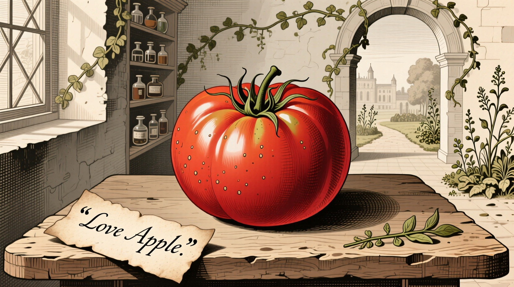 Historical illustration of tomatoes labeled as love apples