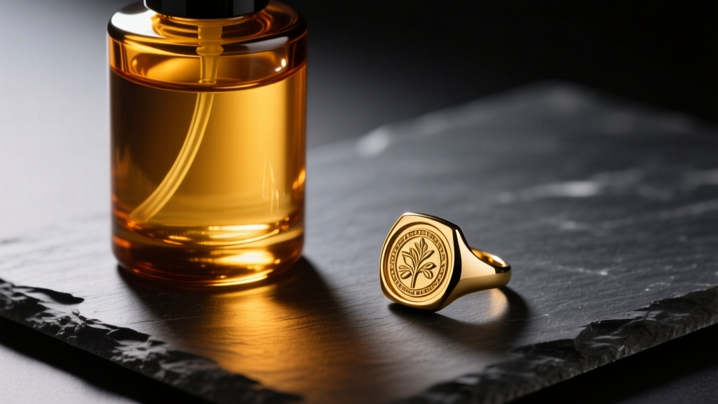 Amber bottle of botanical jewelry cleaner on dark slate next to a gold signet ring under soft, warm directional studio lighting