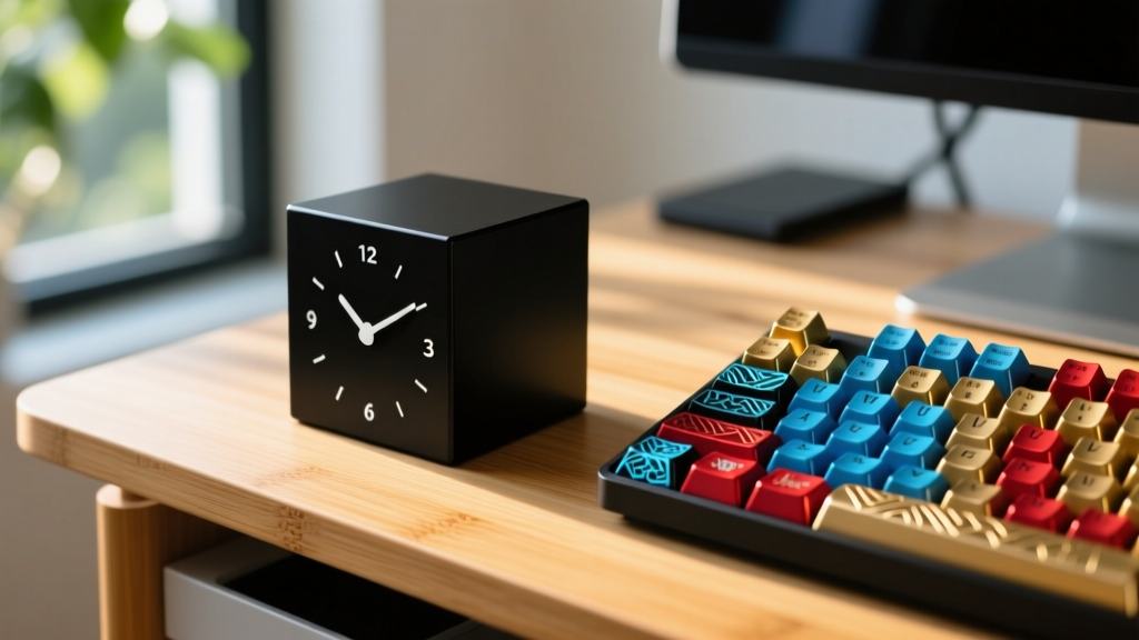 Close-up of a matte-black physical time-tracking cube resting on a bamboo standing desk next to a mechanical keyboard with custom keycaps.