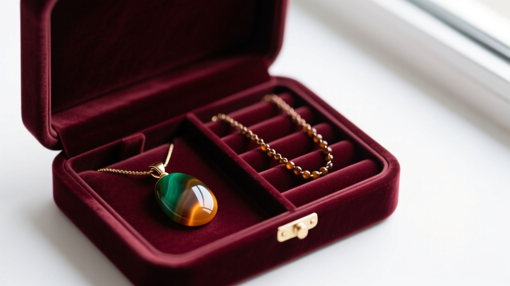 Open velvet jewelry box with separate compartments holding a jasper pendant and bronzite chain to prevent stone-on-stone contact.