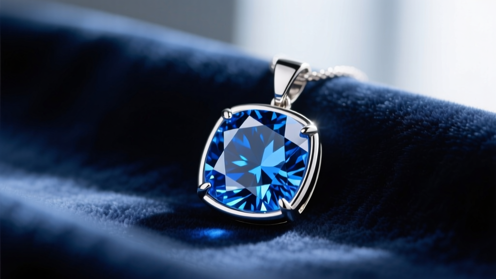 Close-up of a 45-carat equivalent lab-grown blue diamond Hope replica pendant set in platinum, resting on dark navy velvet fabric.